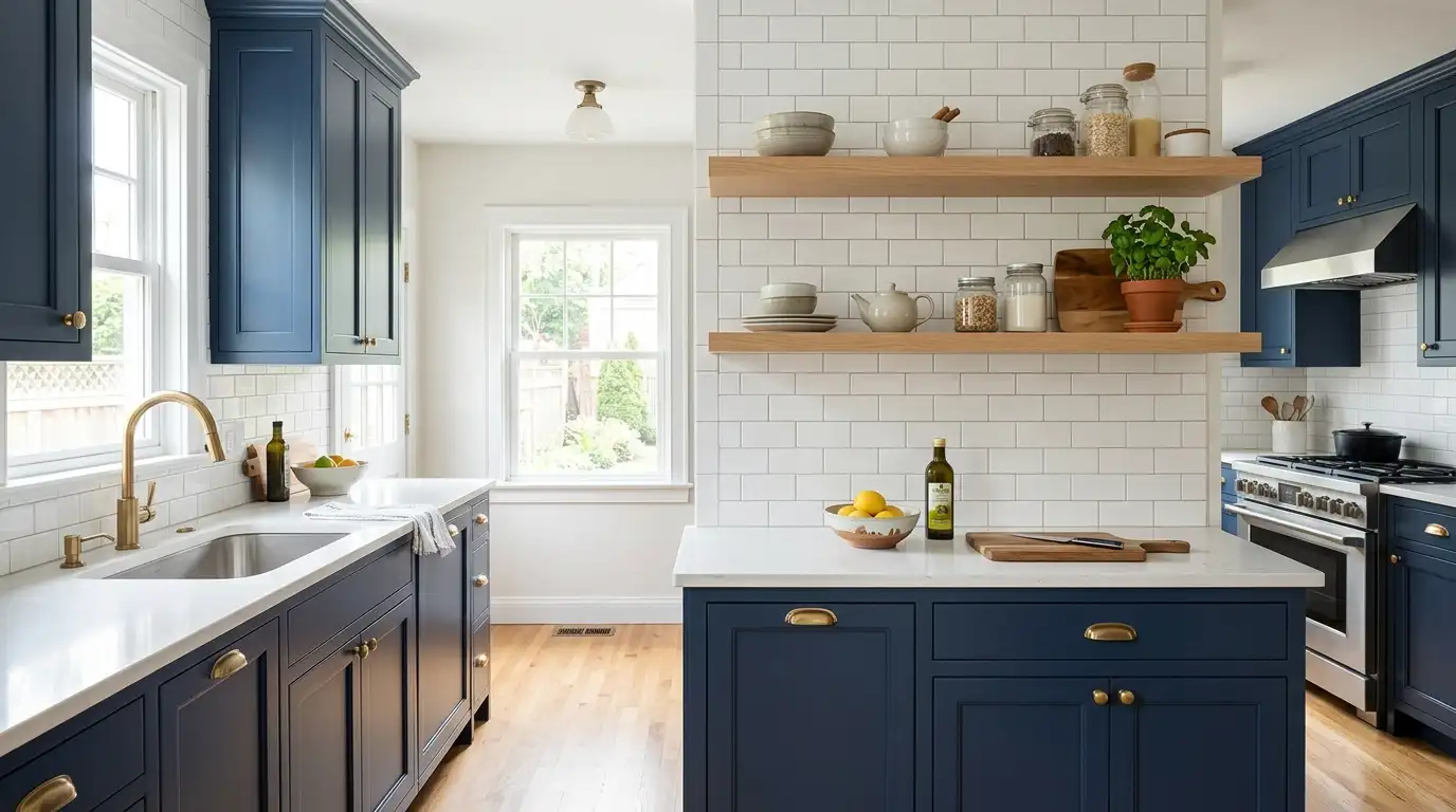 Warm navy blue painted kitchen cabinet doors in classic shaker style, white quartz countertops