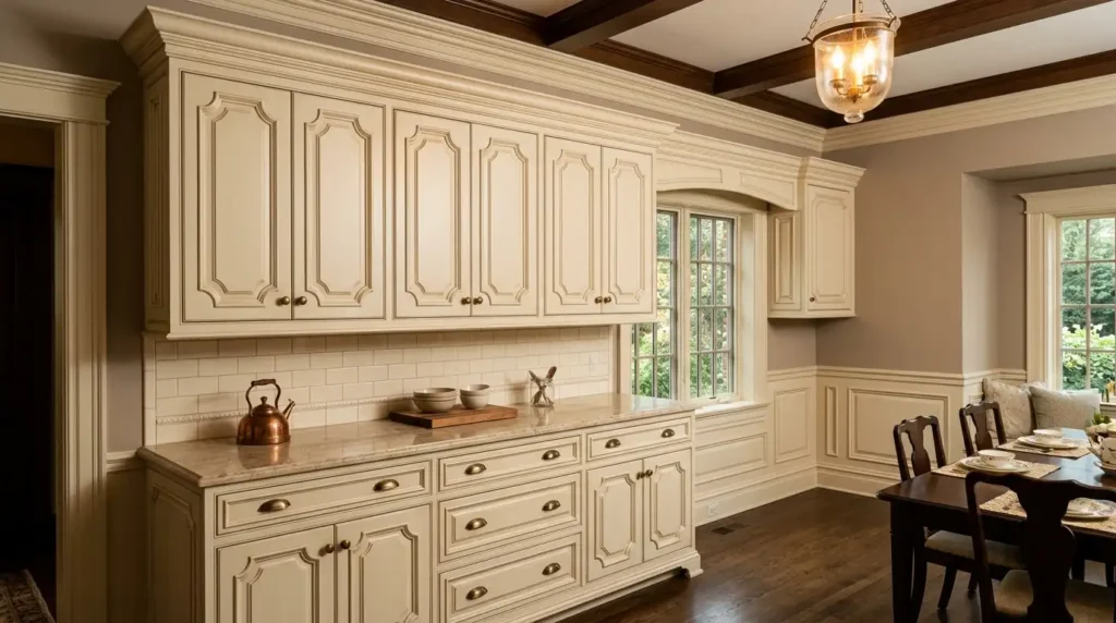 Raised panel cabinet doors in cream paint, ornate routed center panel profile