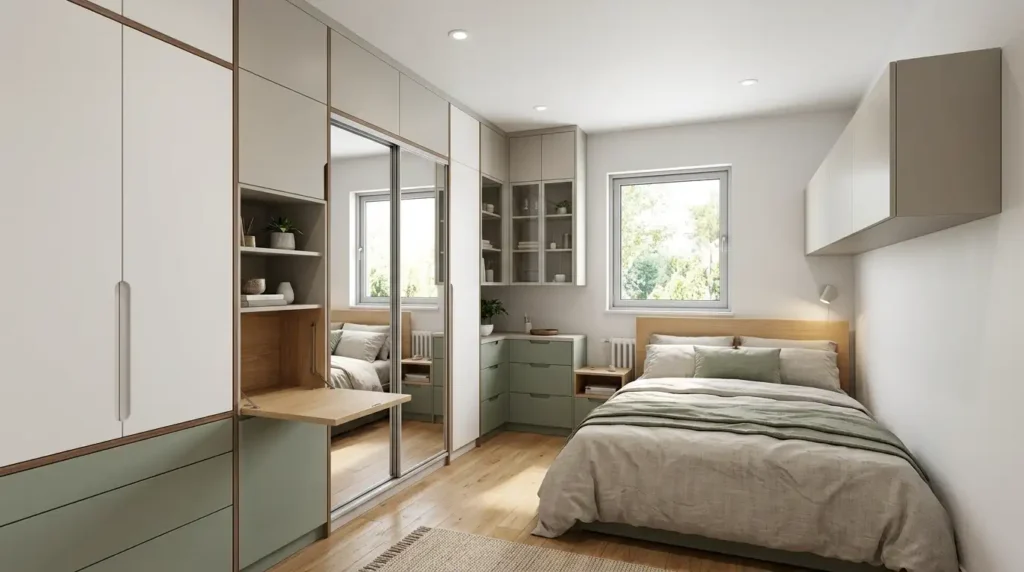 bedroom with a bed, desk, and closet, highlighting a stylish cabinet design