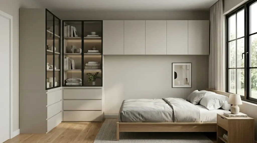 small bedroom featuring a corner cabinet, bed, desk, and bookcase, showing use of space.