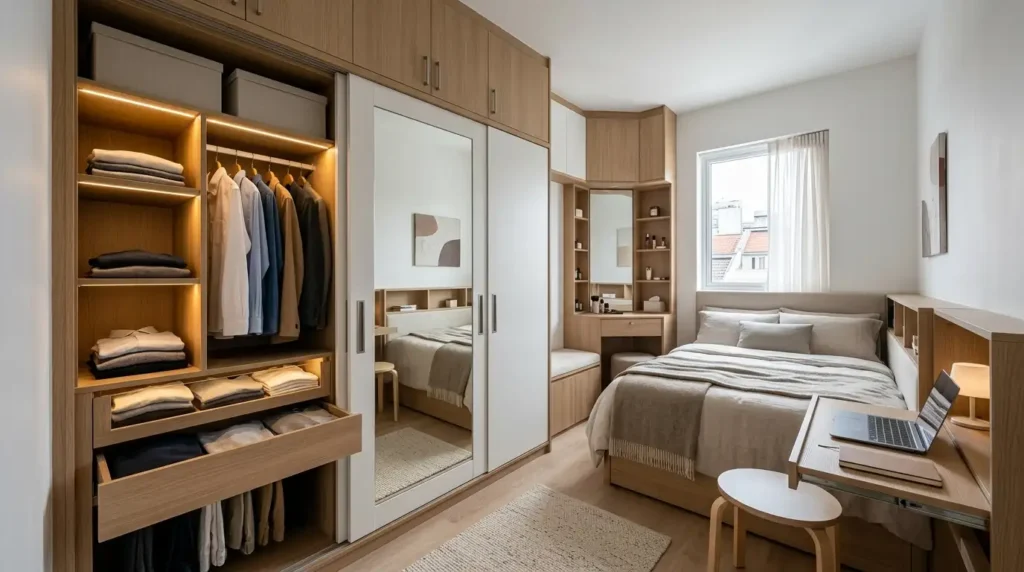 cozy bedroom with a bed, a space-saving closet