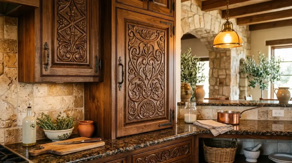 Decorative carved wood panel cabinet doors with floral or geometric pattern