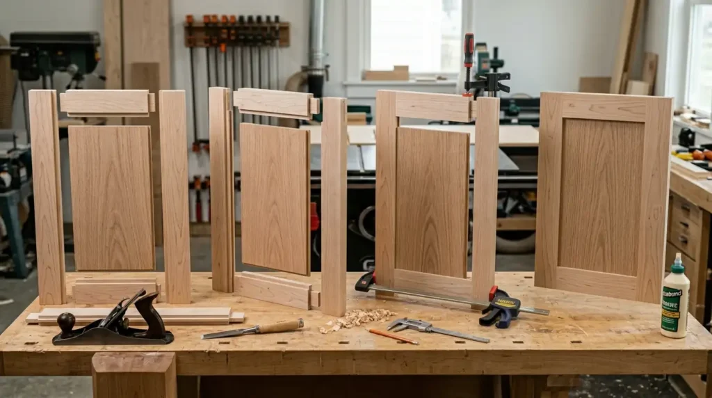 A workbench displays the construction of four shaker cabinet doors